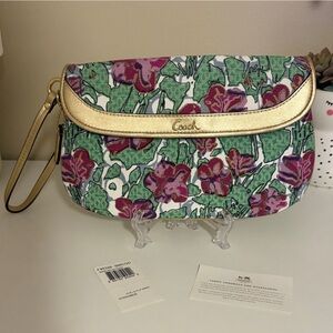 Coach NEW Green and Purple Floral Wristlet with Gold Leather Flap Snap Accents